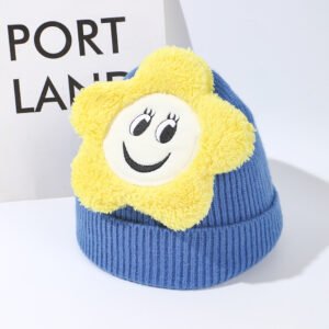 Sol cara sonriente flor gorro de punto-azul zafiro