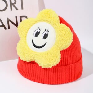Sombrero tejido de flor de cara sonriente del sol-rojo