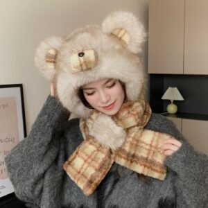 Sombrero de dos piezas de oso con bufanda a cuadros - Beige