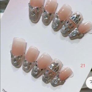 Handmade Press-On Nails – Nude Pink with Small Rhinestones – Short Oval XS/S/M JX-004
