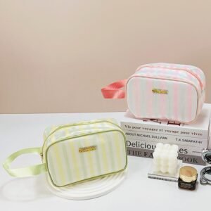 Bolsa de maquillaje con asa larga redondeada - Mezcla de rayas (pequeña)
